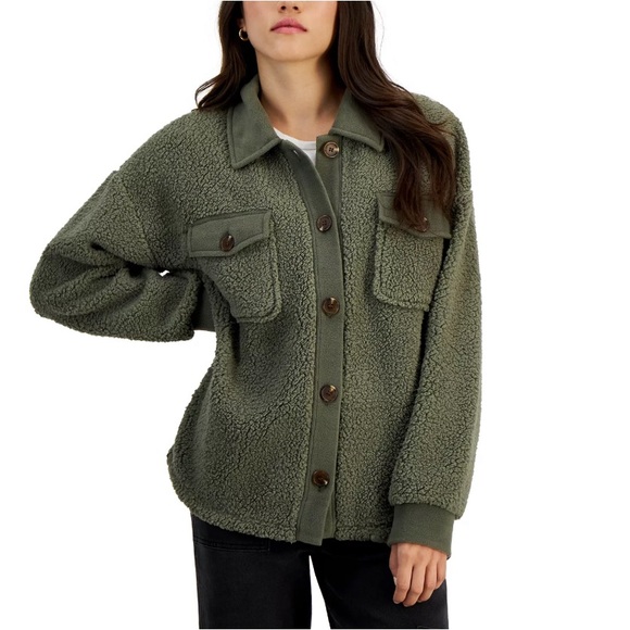 NEW Hippie Rose Juniors' Sherpa Contrast-Trimmed Shacket, Smokey Olive Size XL - Picture 1 of 5